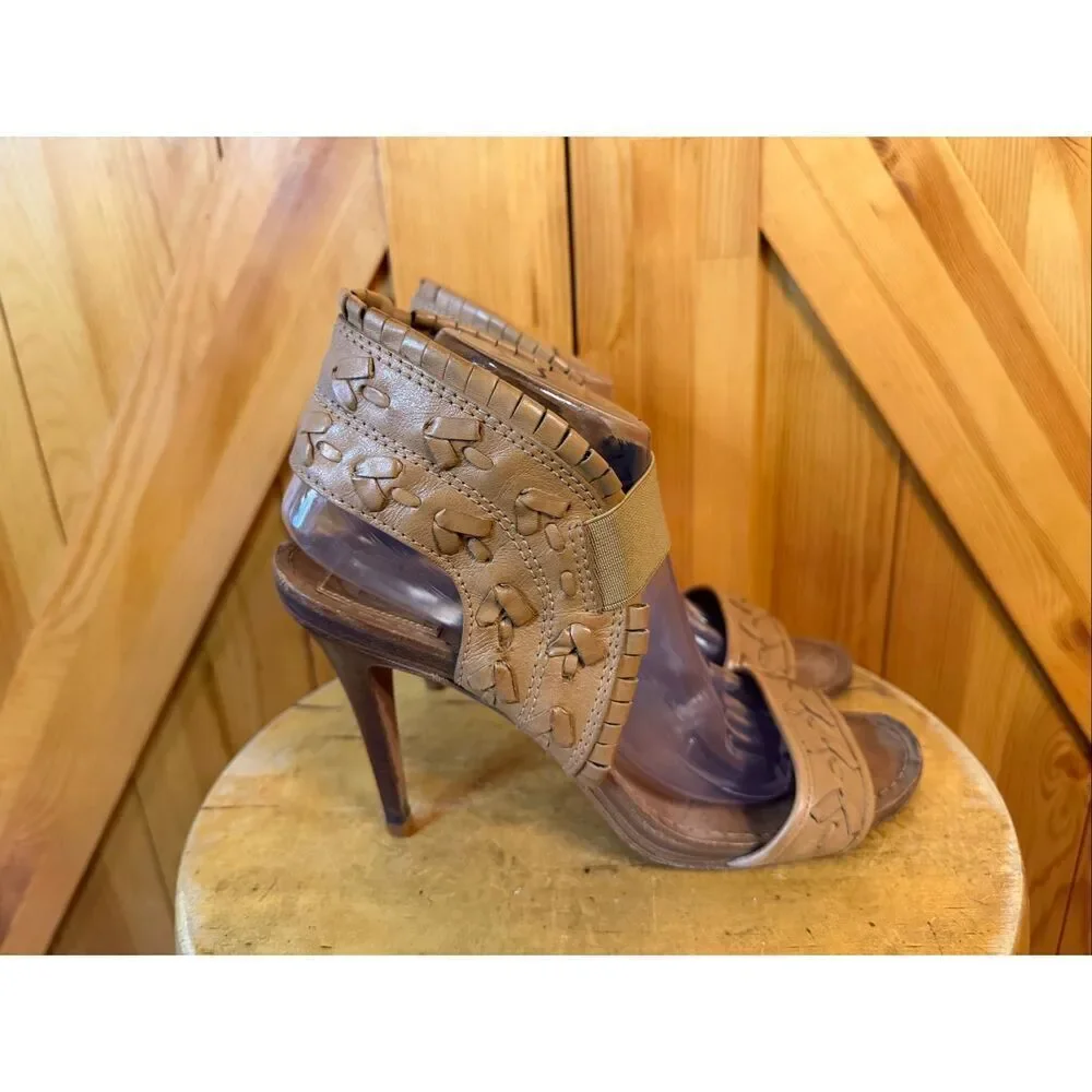 Tory Burch woven leather heels Light Brown Size 10.5M Ankle Cuff Elastic